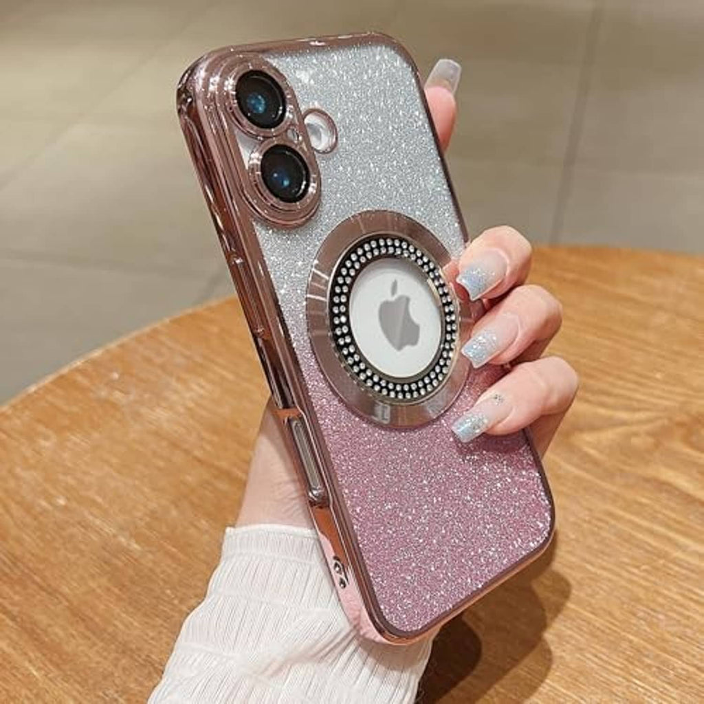 Pink glitter phone case with rhinestone magnetic ring, dual camera cutout, side hole