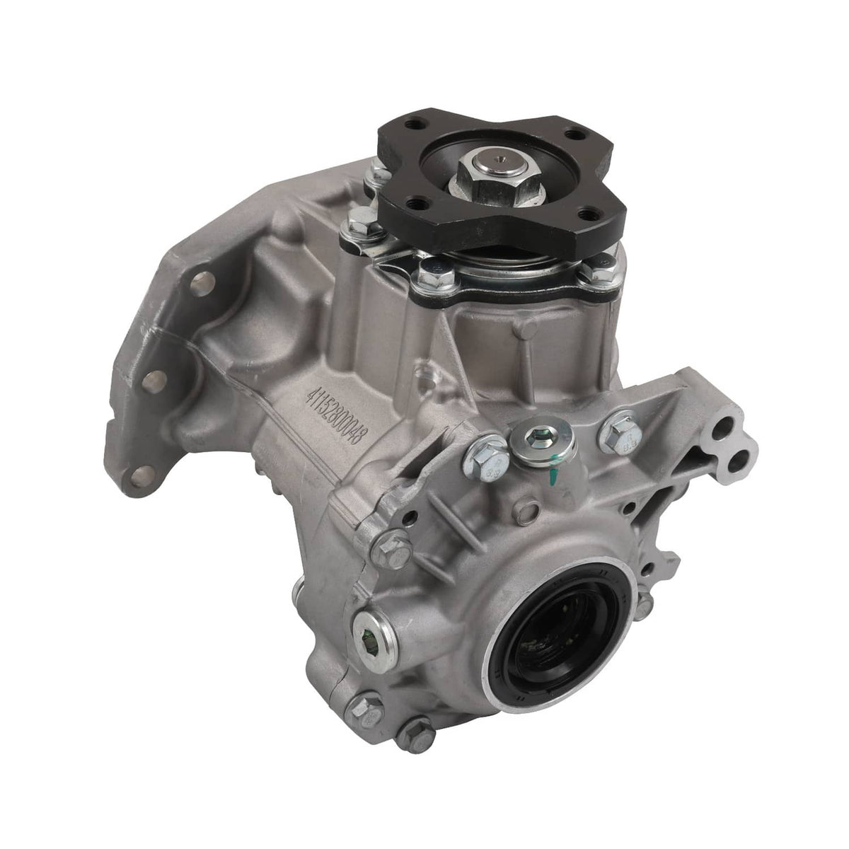 Automotive transfer case assembly, silver housing with black top cover and visible fasteners.