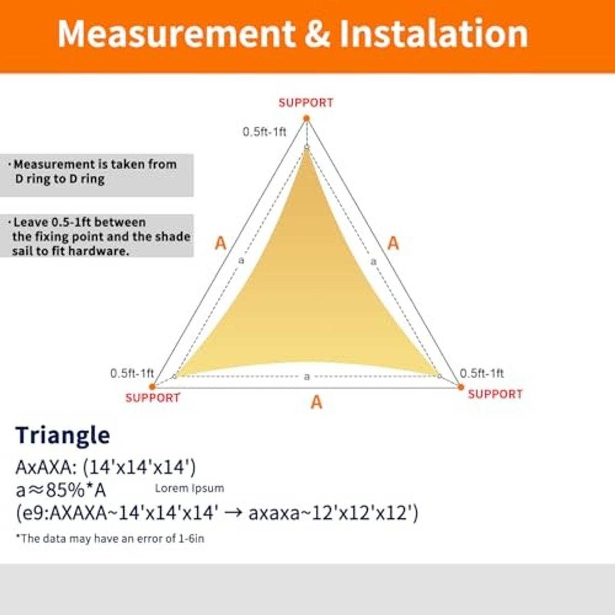 Triangle shade sail installation measurement diagram with support points