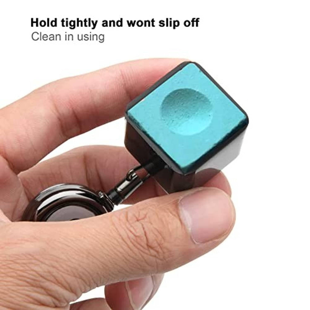 Billiard cue chalk holder keychain with 8 ball disk and black case holding a blue chalk cube
