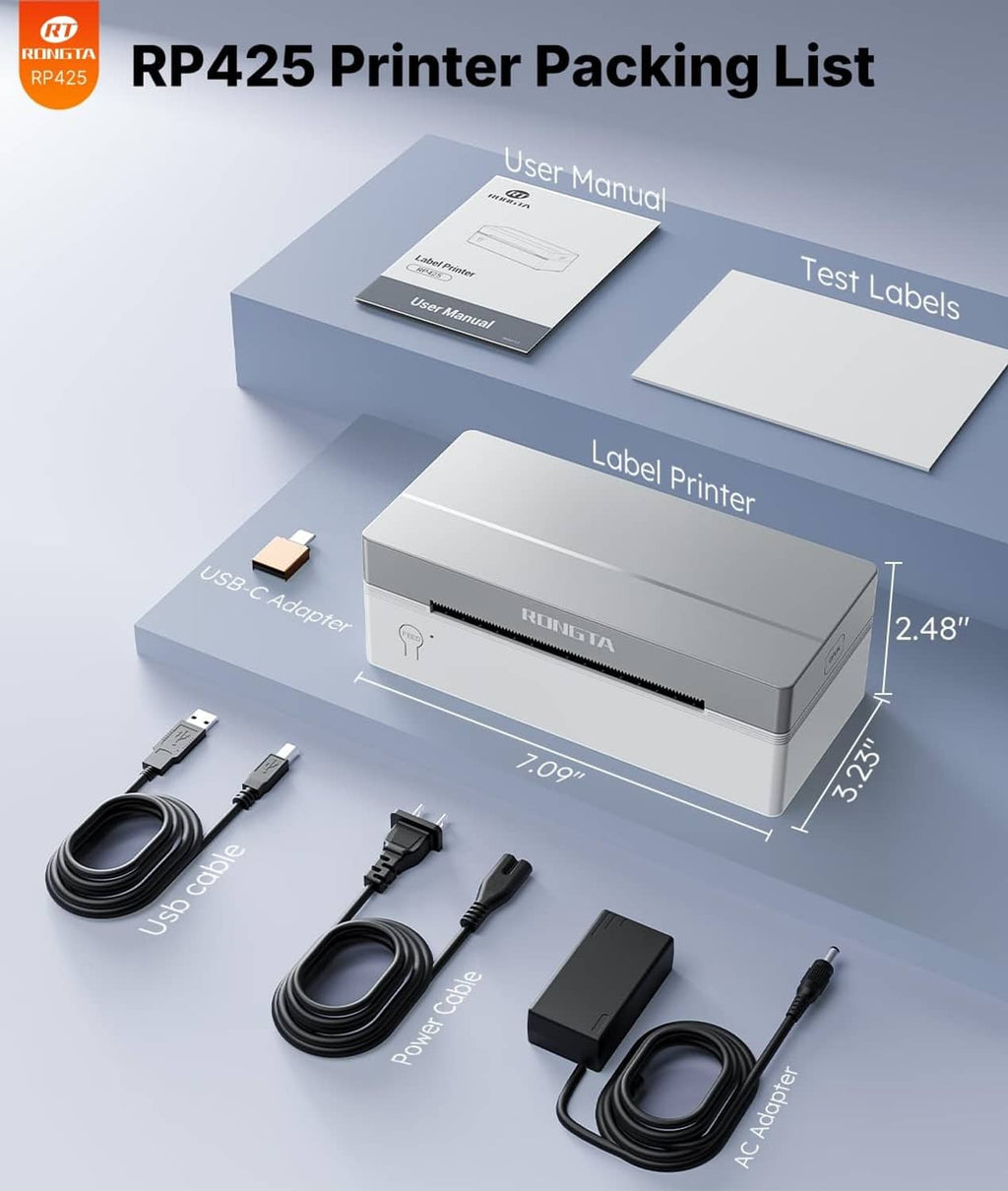 White thermal label printer pack with cables, user manual, and test labels