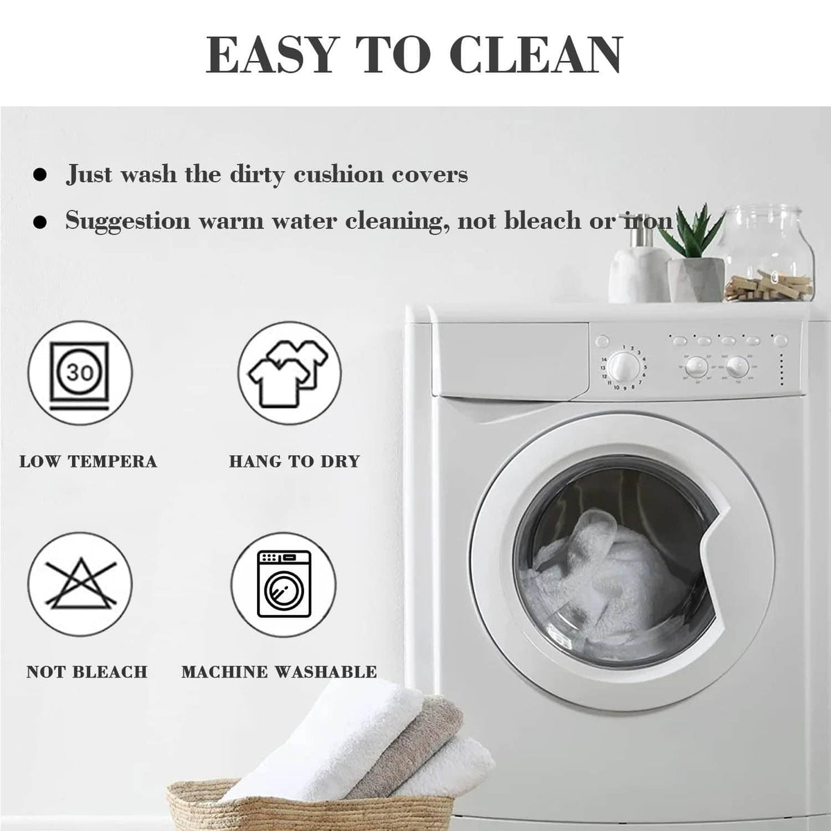 Couch cover care instructions graphic with washing symbols and cleaning icons