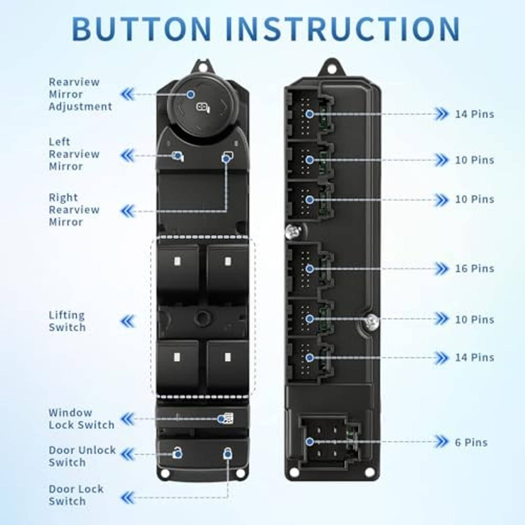 Power window switch panel showing button layout and electrical connector pin area