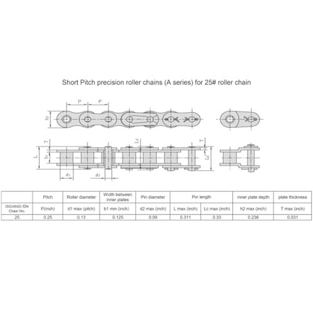 Roller chain sprocket technical drawing with dimensions and measurements for 25B series
