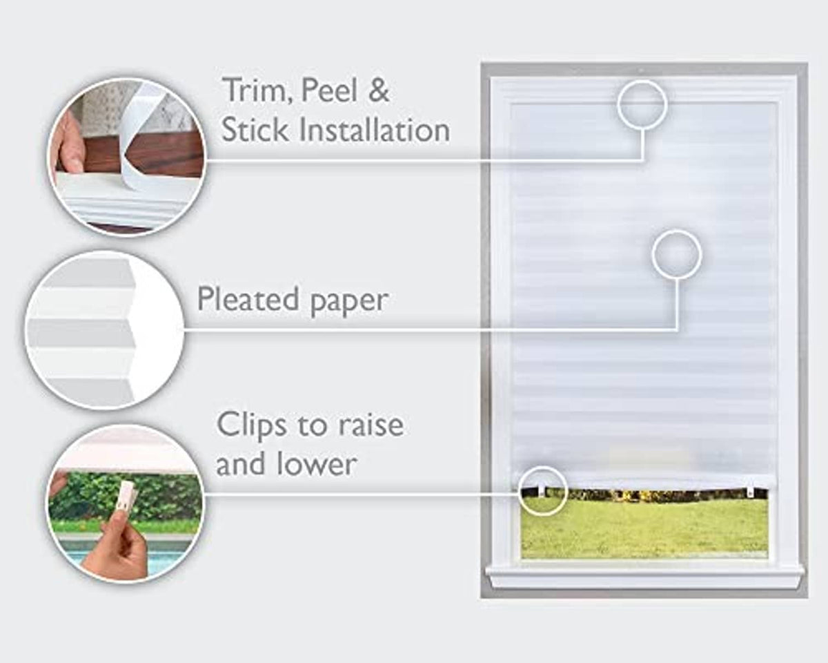 White pleated paper window shade diagram showing peel-and-stick installation clips