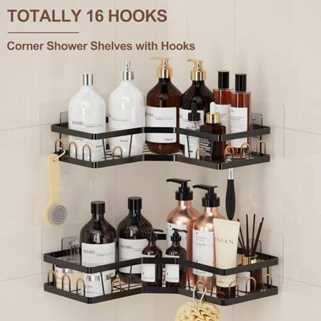 Corner shower organizer with two black shelves and 16 hanging hooks for bottles