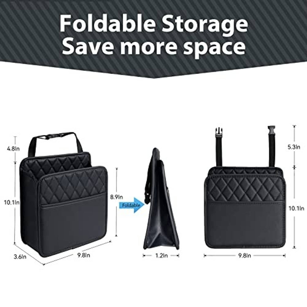 Car seat organizer bag, black quilted foldable storage pouch with side handle straps