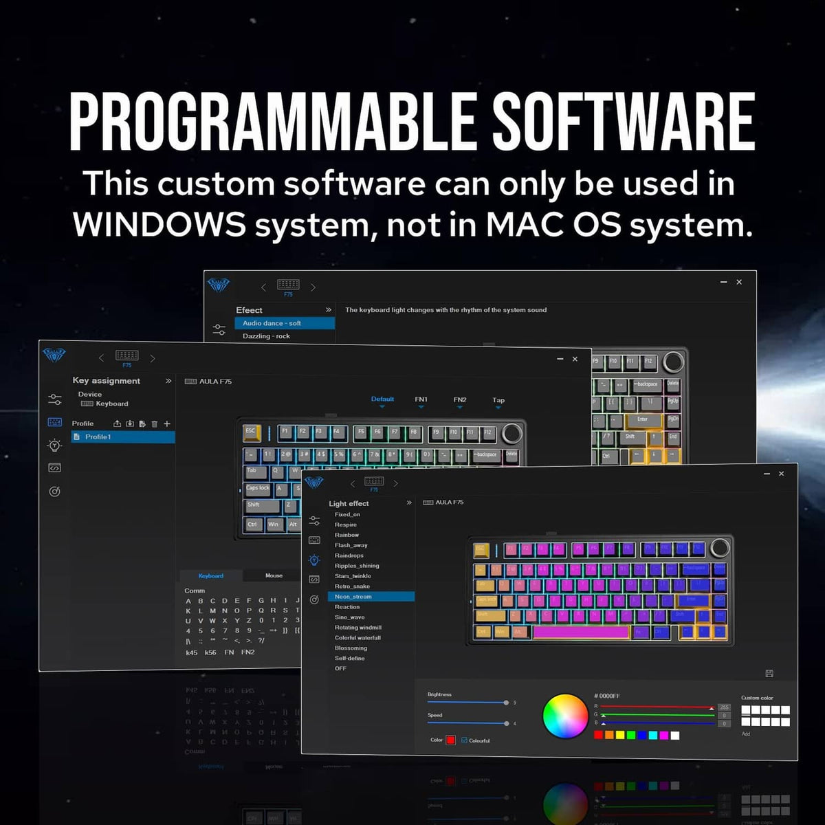 Sea salt blue mechanical keyboard with software-controlled RGB lighting displayed on screens