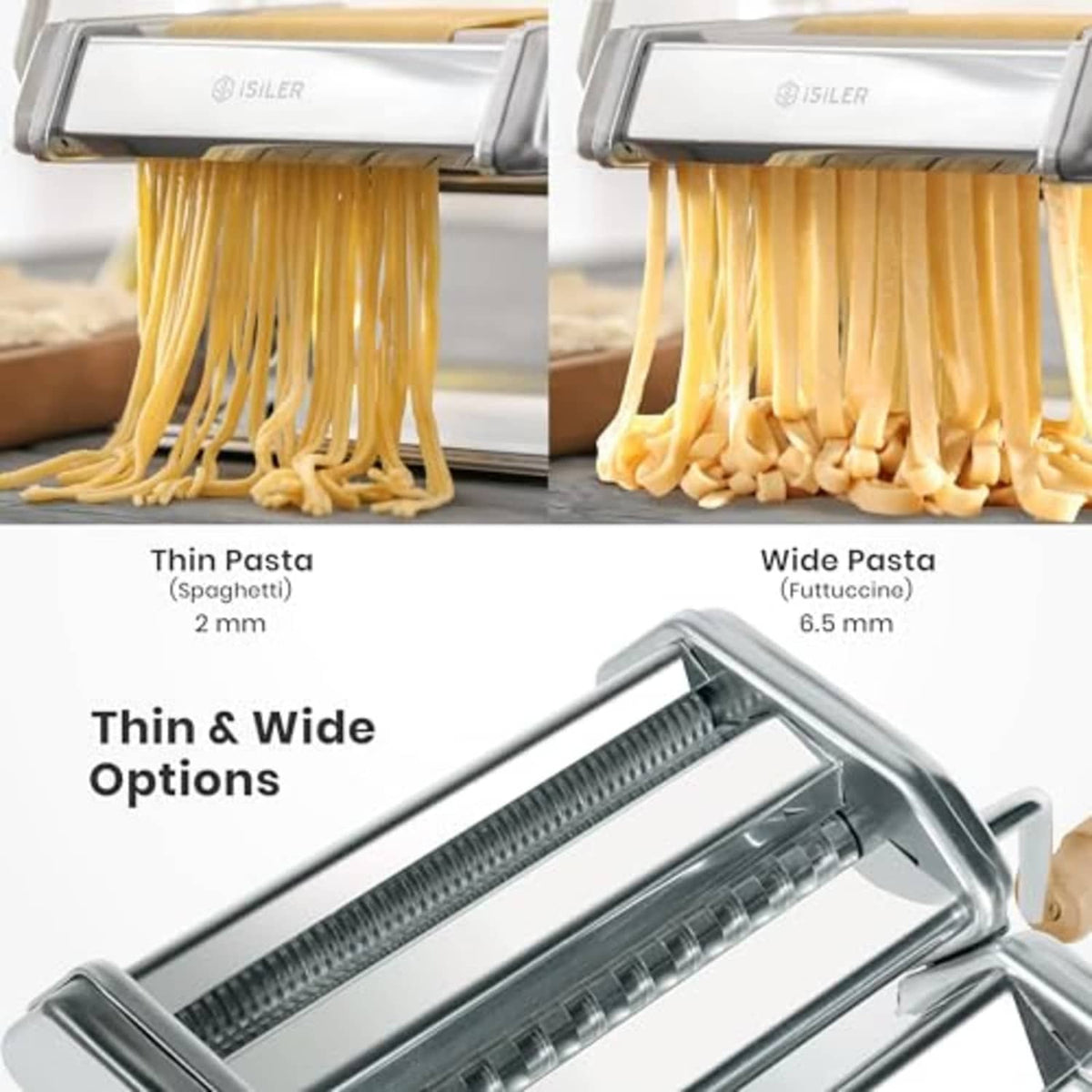 Stainless pasta maker rollers producing thin and wide spaghetti noodles