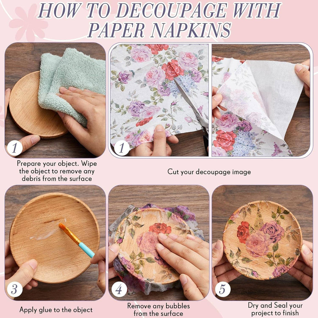Floral decoupage paper napkins applied to a plate and bowl, rose garden prints