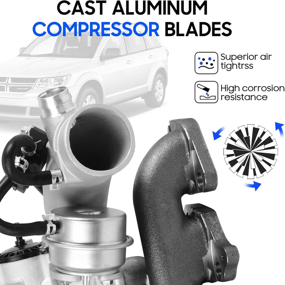 Turbocharger inlet and compressor section with cast compressor blades, dark gray and silver