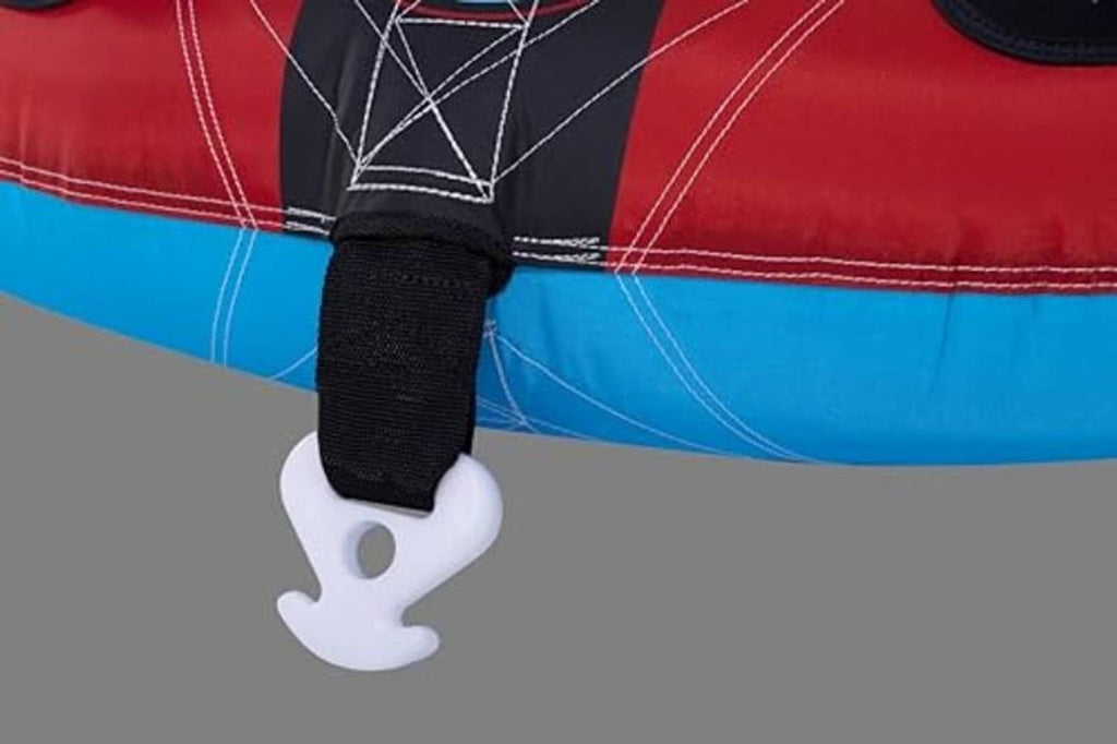 Blue and red towable tube with white tow hook and black securing strap