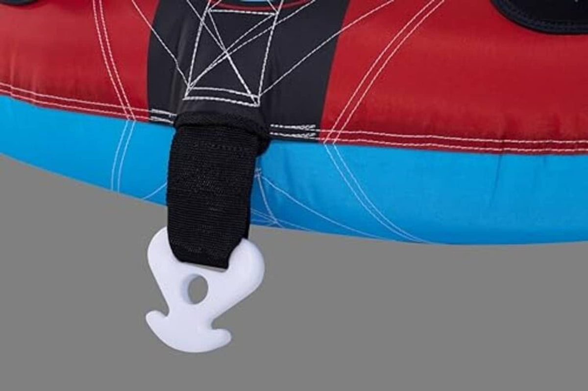 Blue and red towable tube with white tow hook and black securing strap