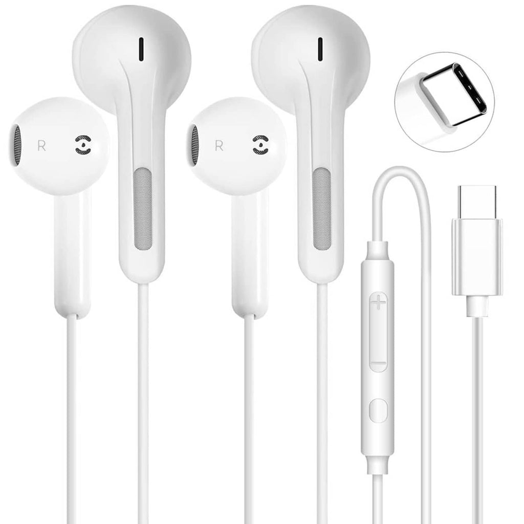 White USB-C in-ear headphones, two earbuds with white cable and inline control