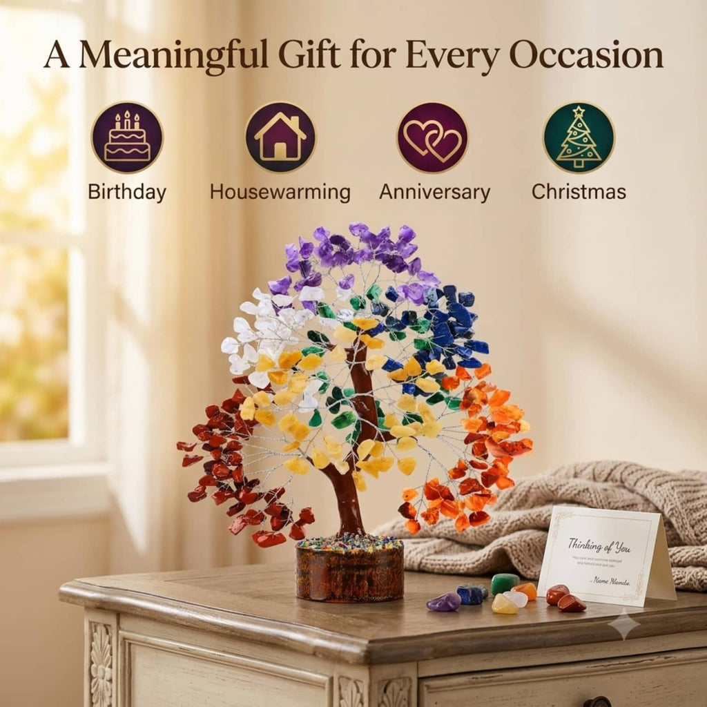 Multicolor gemstone chip crystal tree on dark wooden base on a cabinet top