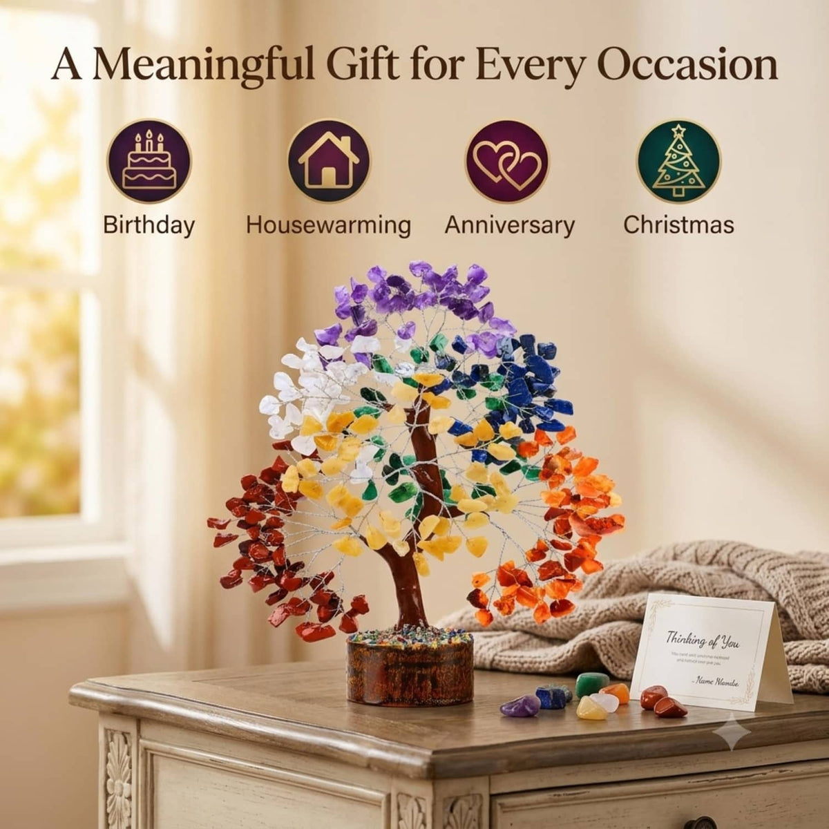 Multicolor gemstone chip crystal tree on dark wooden base on a cabinet top