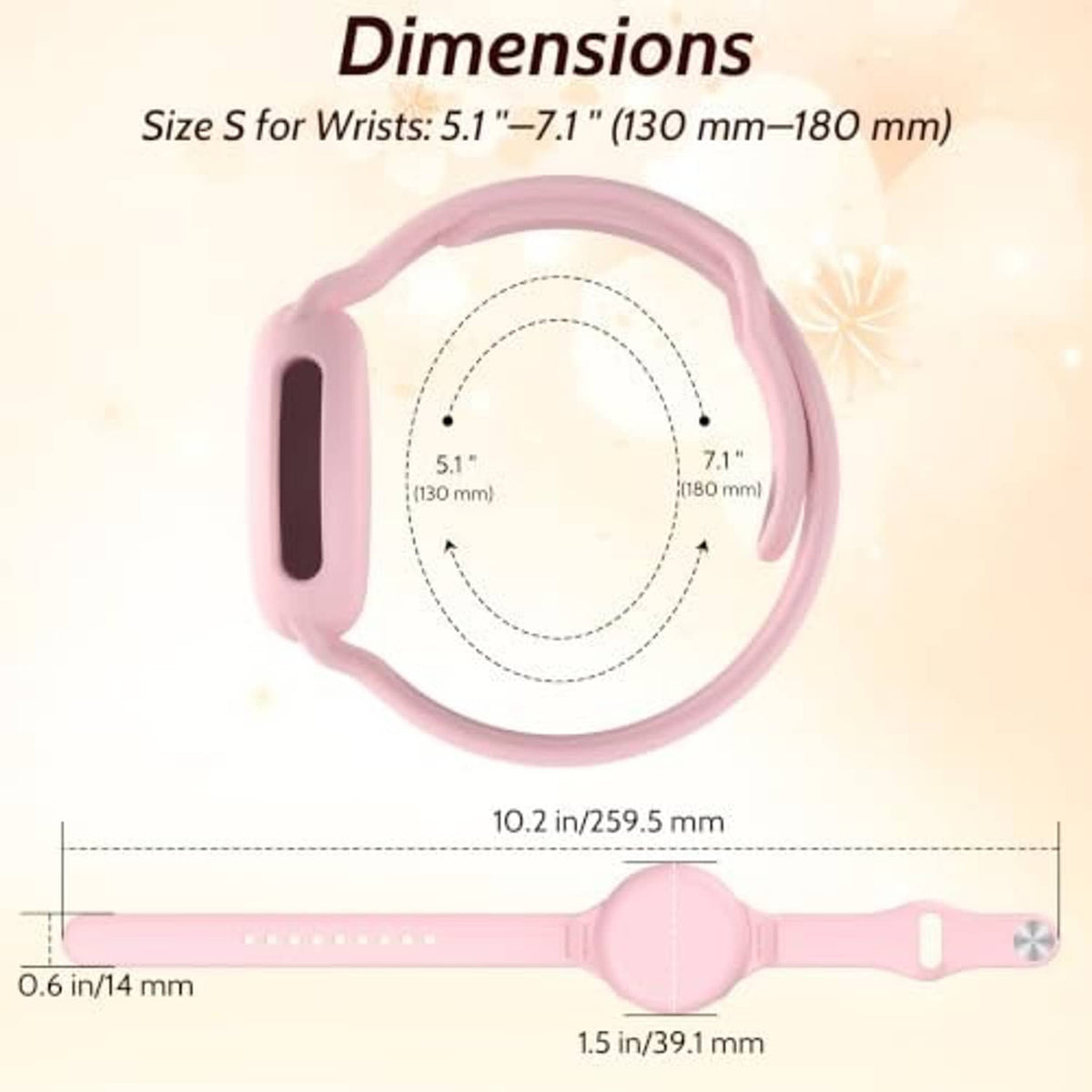 Pink silicone wristband size outline with strap length marks and metal-style end accents