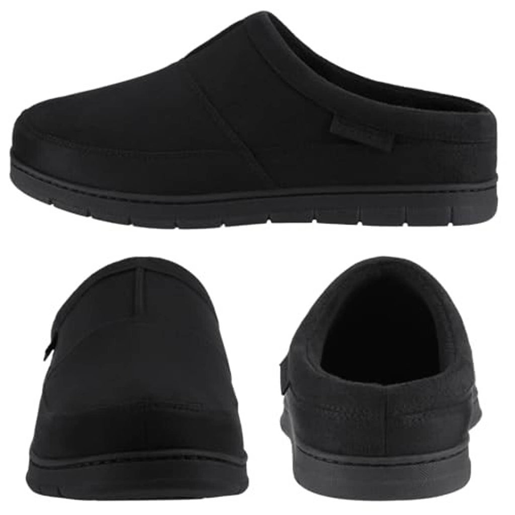 Black men's slip-on house slipper with low heel, padded collar, and grippy sole