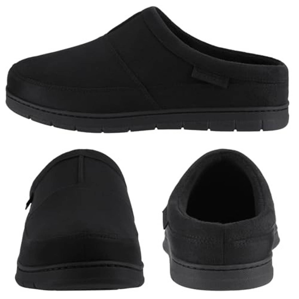 Black men's slip-on house slipper with low heel, padded collar, and grippy sole