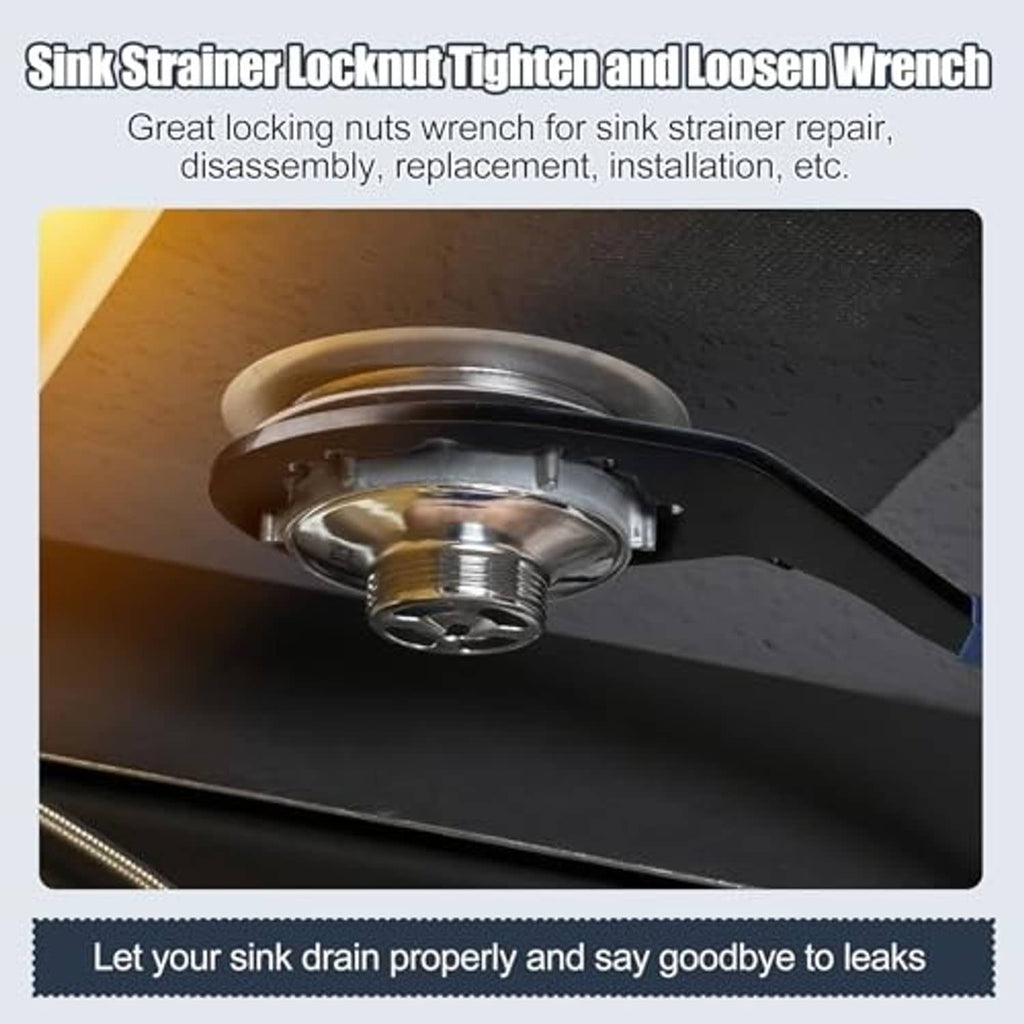 Sink drain wrench placed on a metal strainer drain mounting nut
