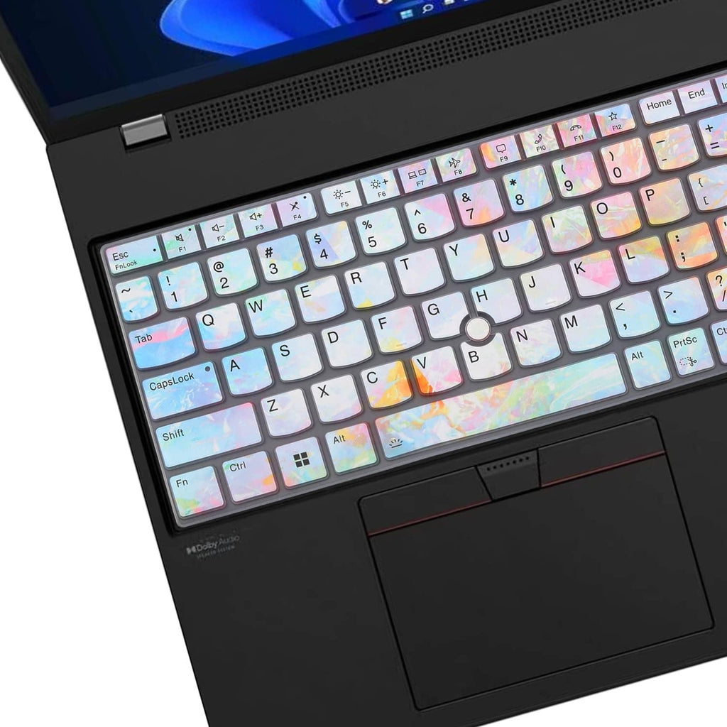 Iridescent keyboard cover with transparent key labels and full QWERTY coverage