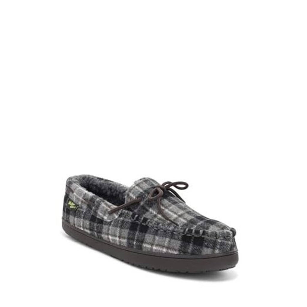 Grey plaid moccasin slippers with dark lace and fuzzy fleece lining