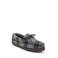 Grey plaid moccasin slippers with dark lace and fuzzy fleece lining