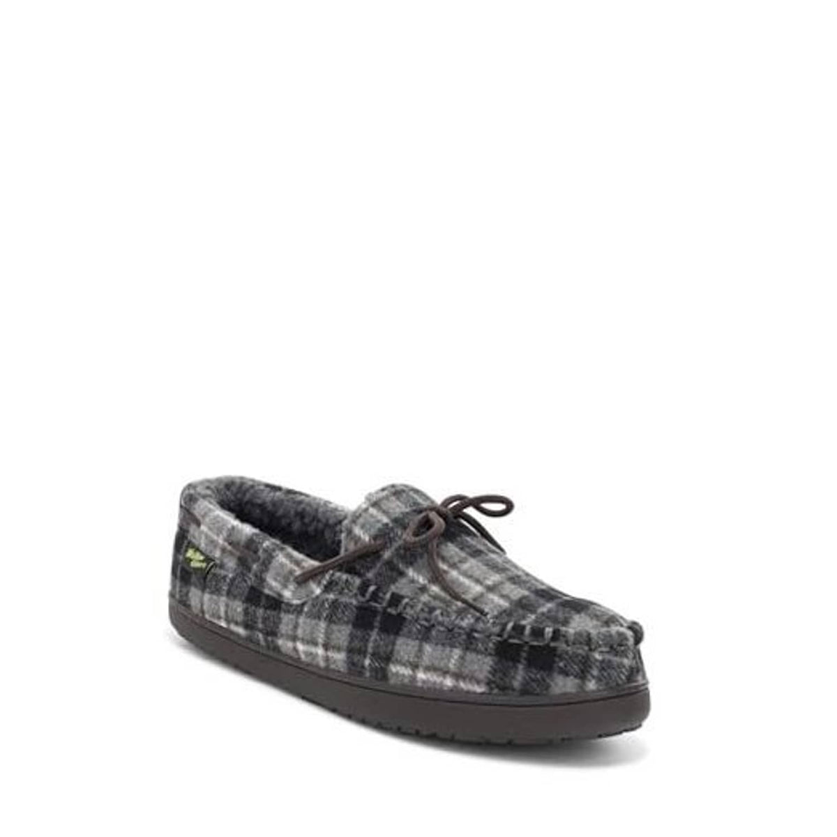 Grey plaid moccasin slippers with dark lace and fuzzy fleece lining