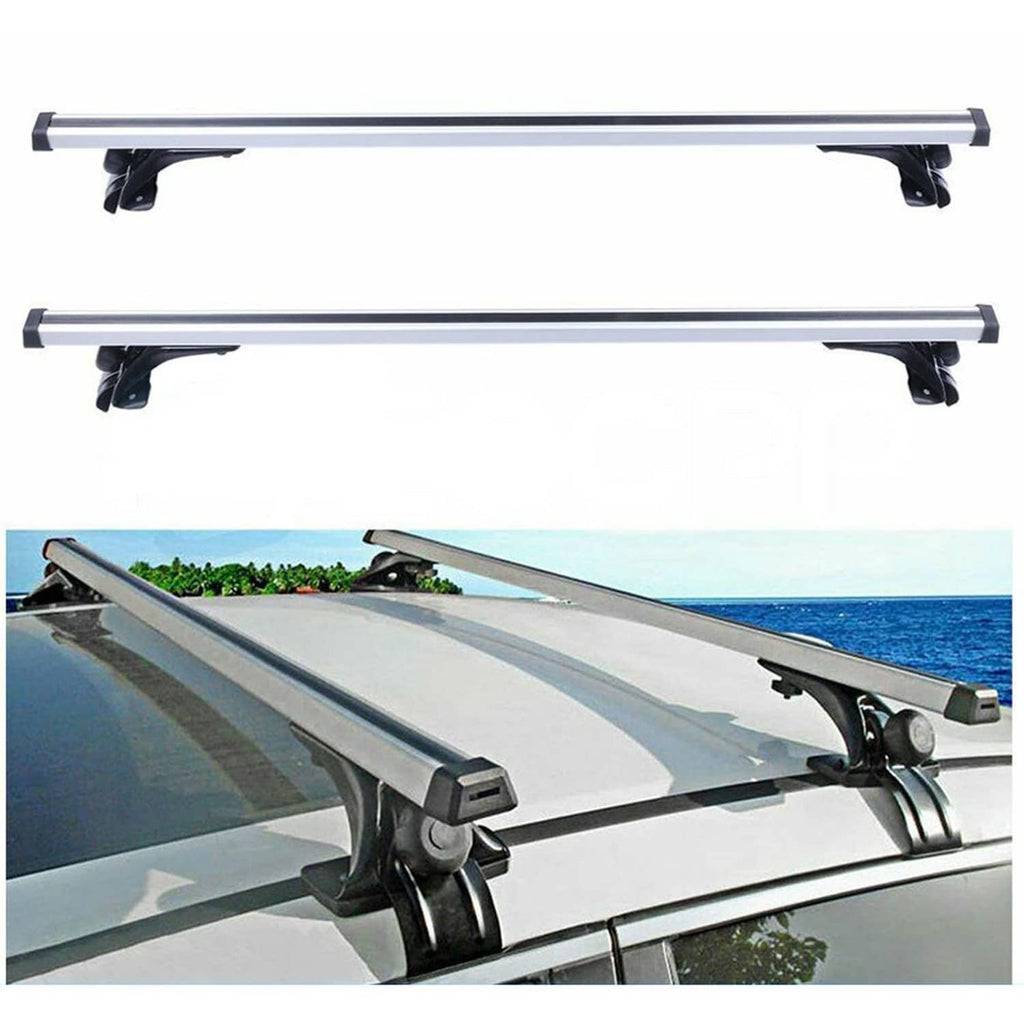 Car roof cross bars on vehicle roof with black clamp mounts and silver rails.