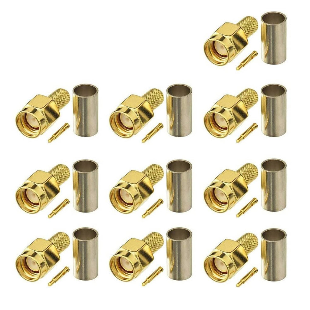 Pack of gold SMA male RF crimp connectors with metal sleeves and center pins