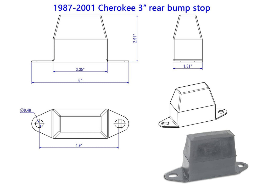 Rear bump stop size diagram with mounting hole views and side profile