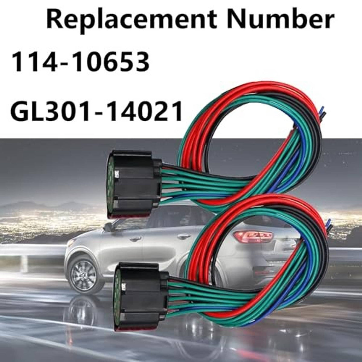 Pair of wiring harness pigtails with green 14-pin headlight connectors and multicolor wires