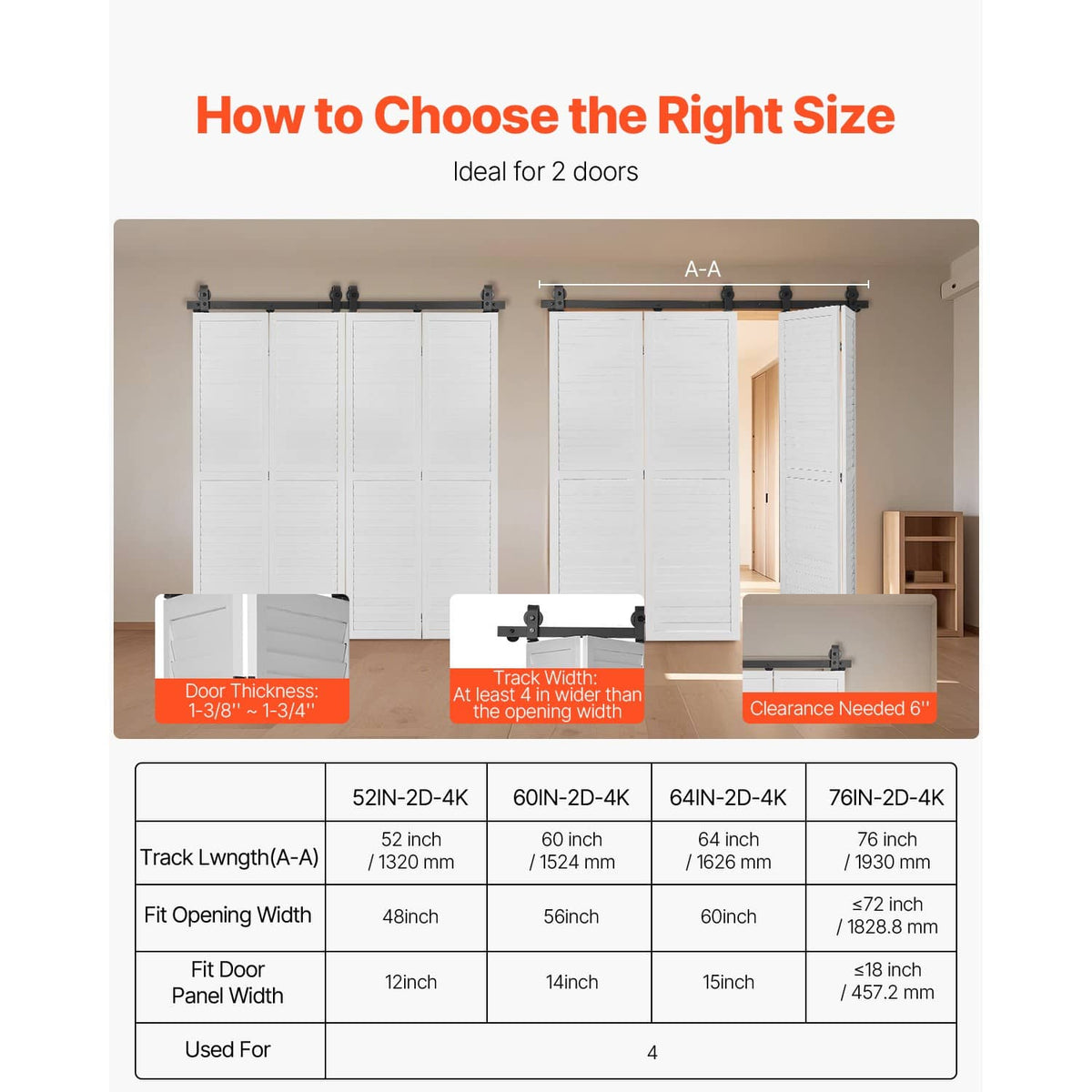 Bi-fold sliding barn door track kit mounted on track above white bi-fold doors