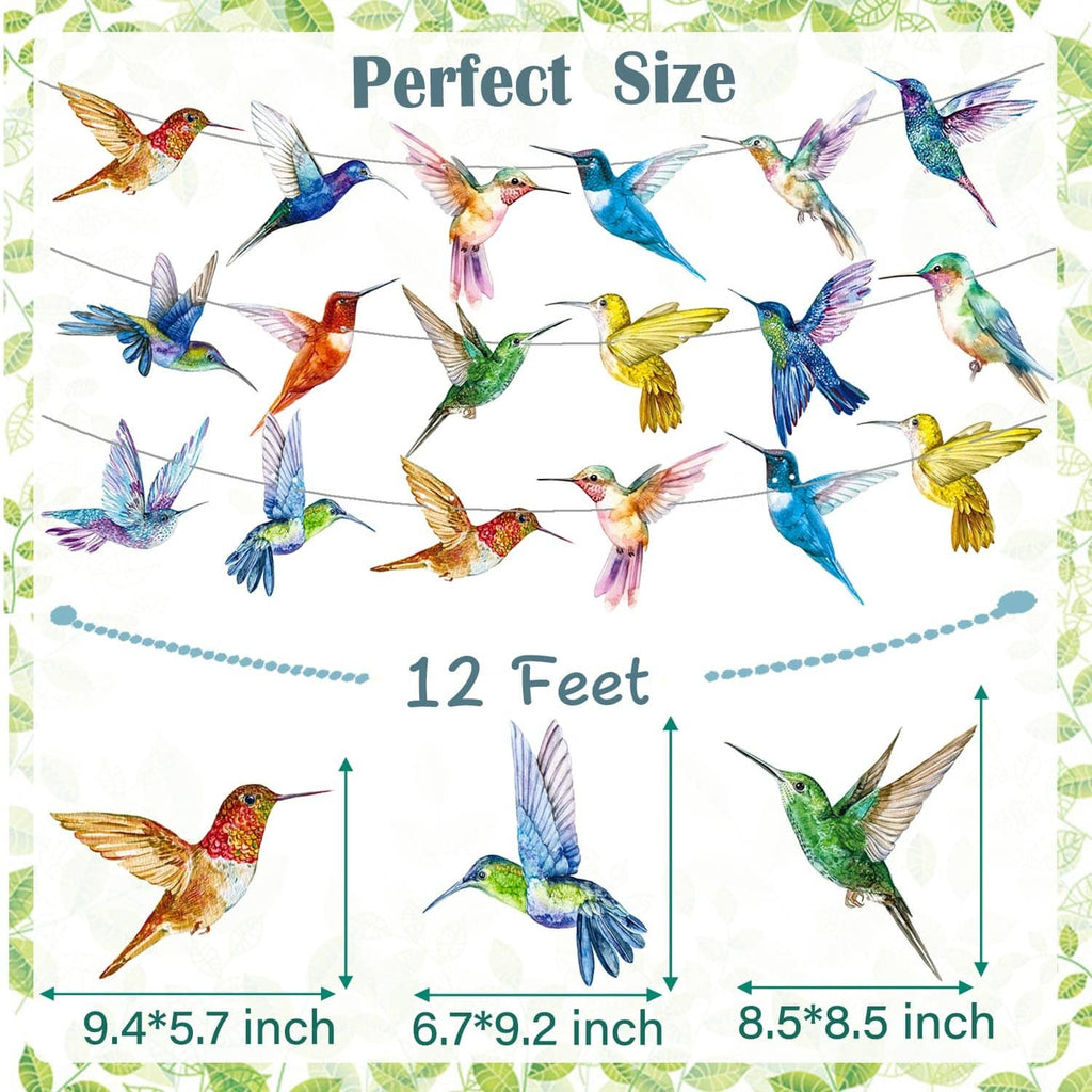 Colorful hummingbird party banner with multicolor bird cutouts on string, 12 ft