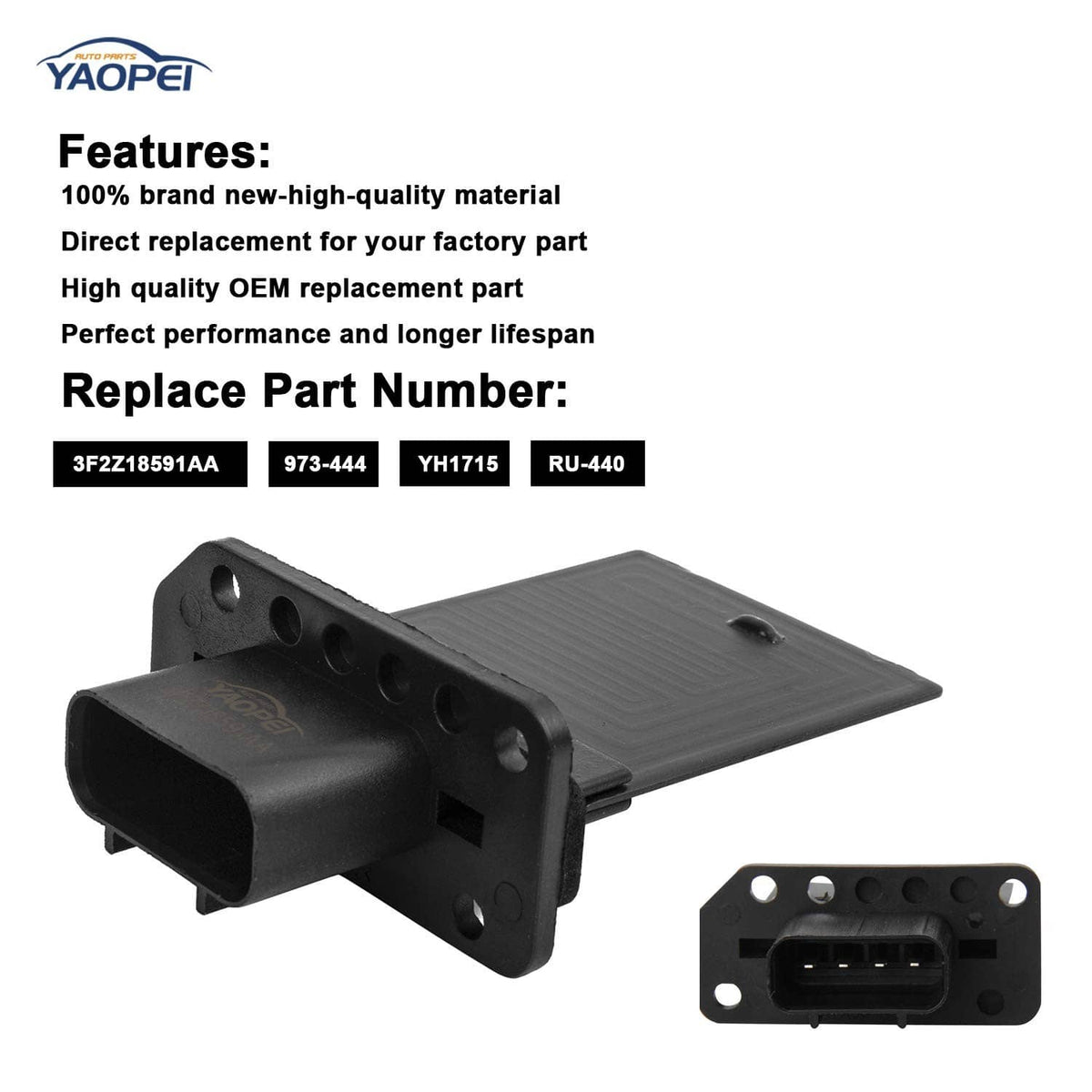 HVAC fan blower motor resistor with mounting holes and pin connector, angled view