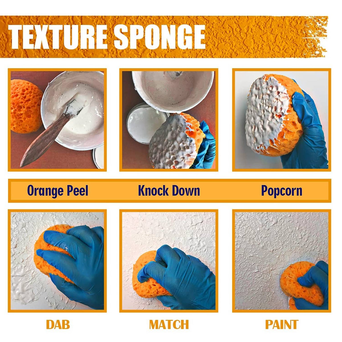 Orange texture sponge showing orange peel, knockdown, and popcorn wall effects