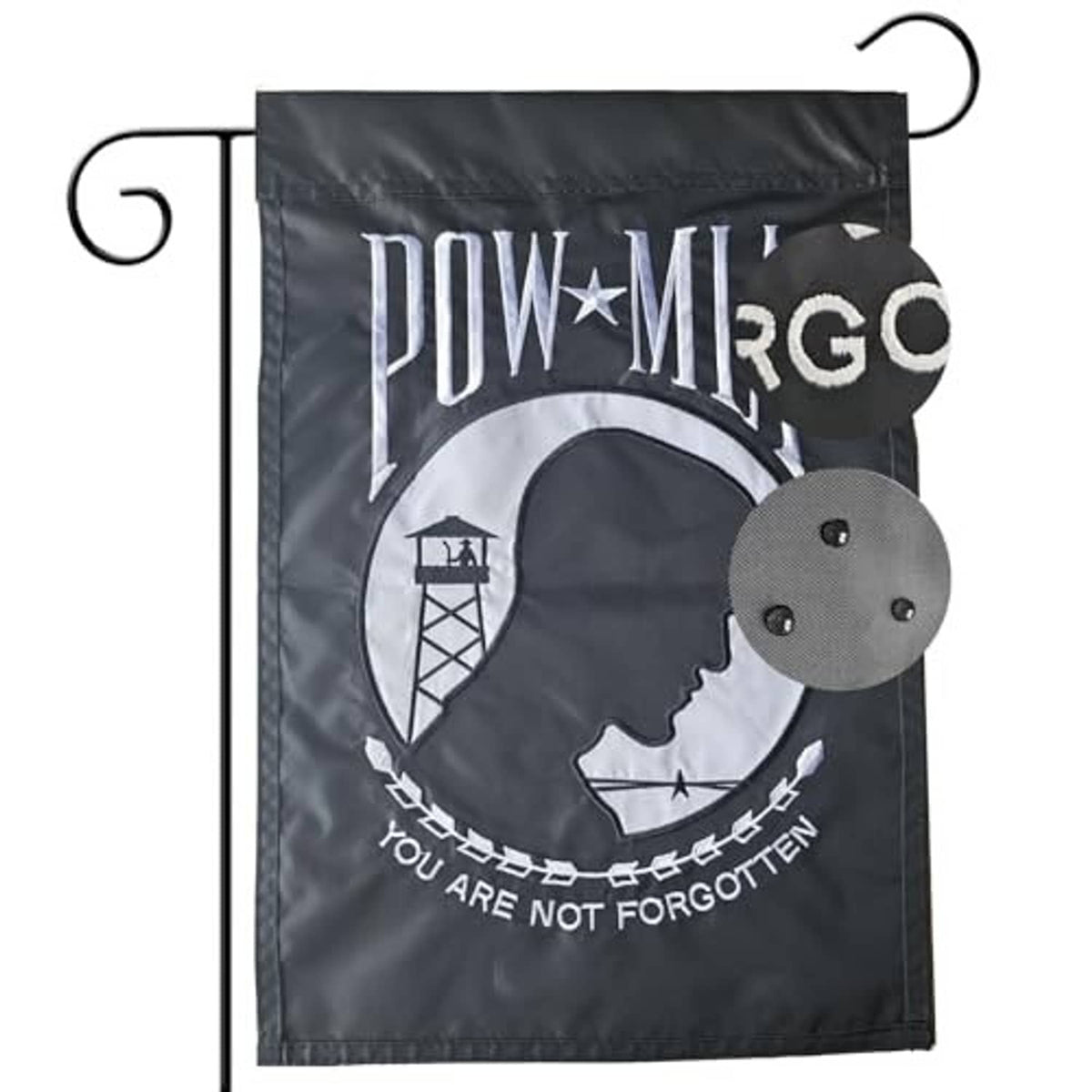 Double-sided embroidered garden flag, dark gray POW*MIA emblem with silhouette