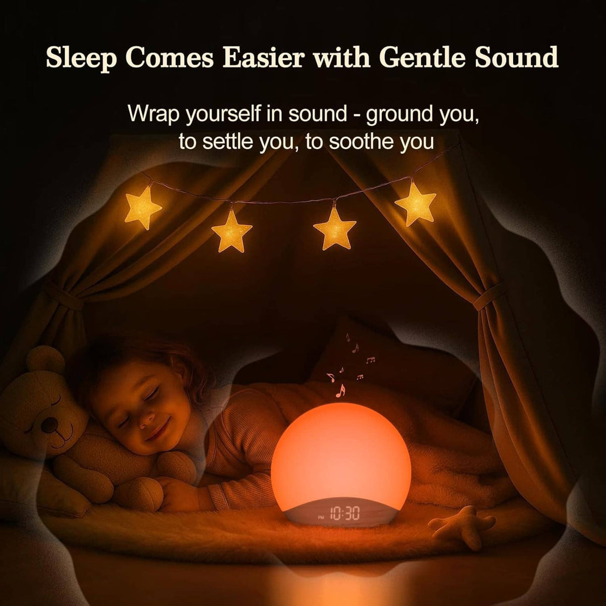 Wood grain sunrise alarm clock with soft orange glow and digital time display