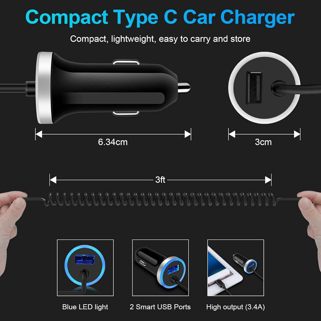 Compact black USB-C car charger with coiled cable and blue LED ring
