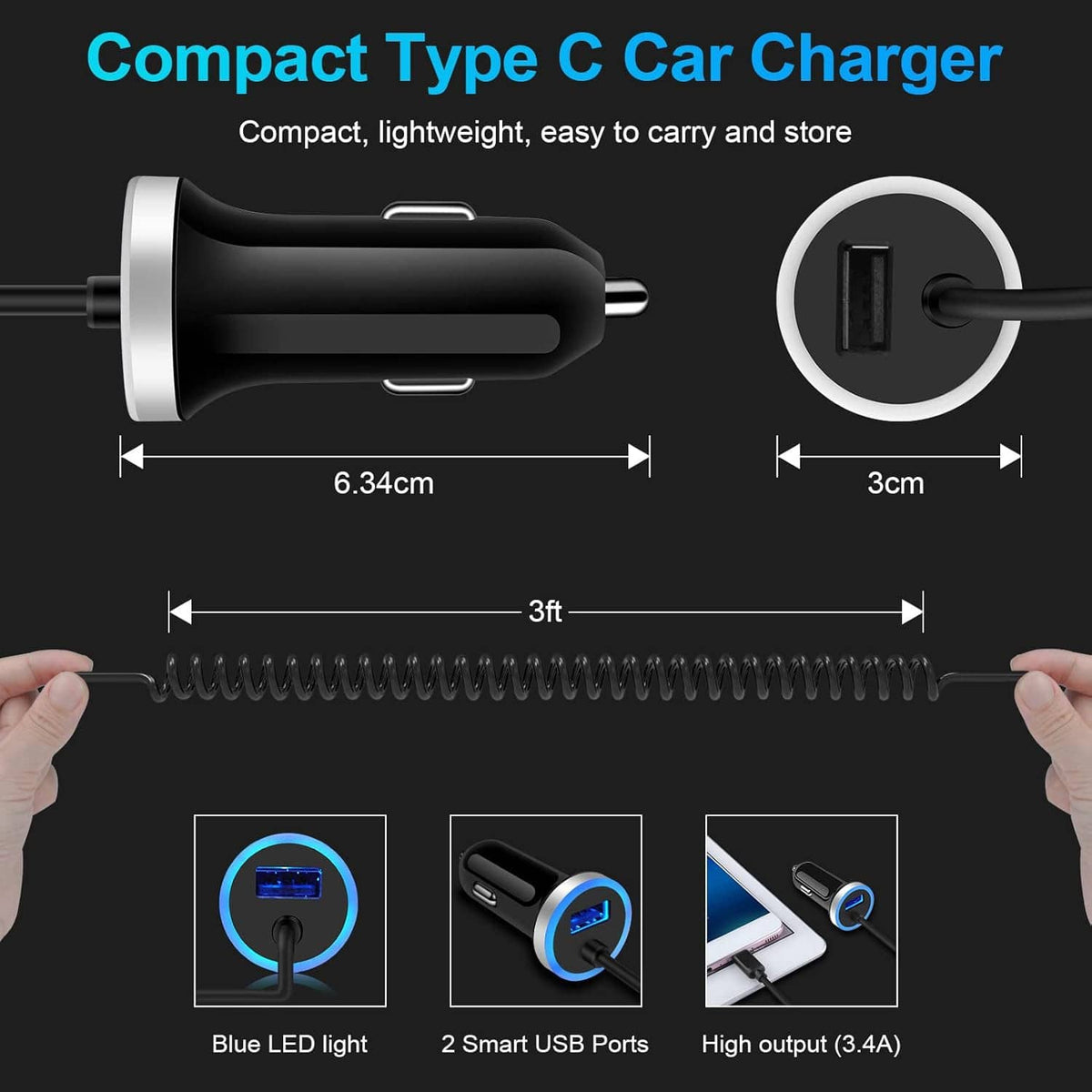 Compact black USB-C car charger with coiled cable and blue LED ring