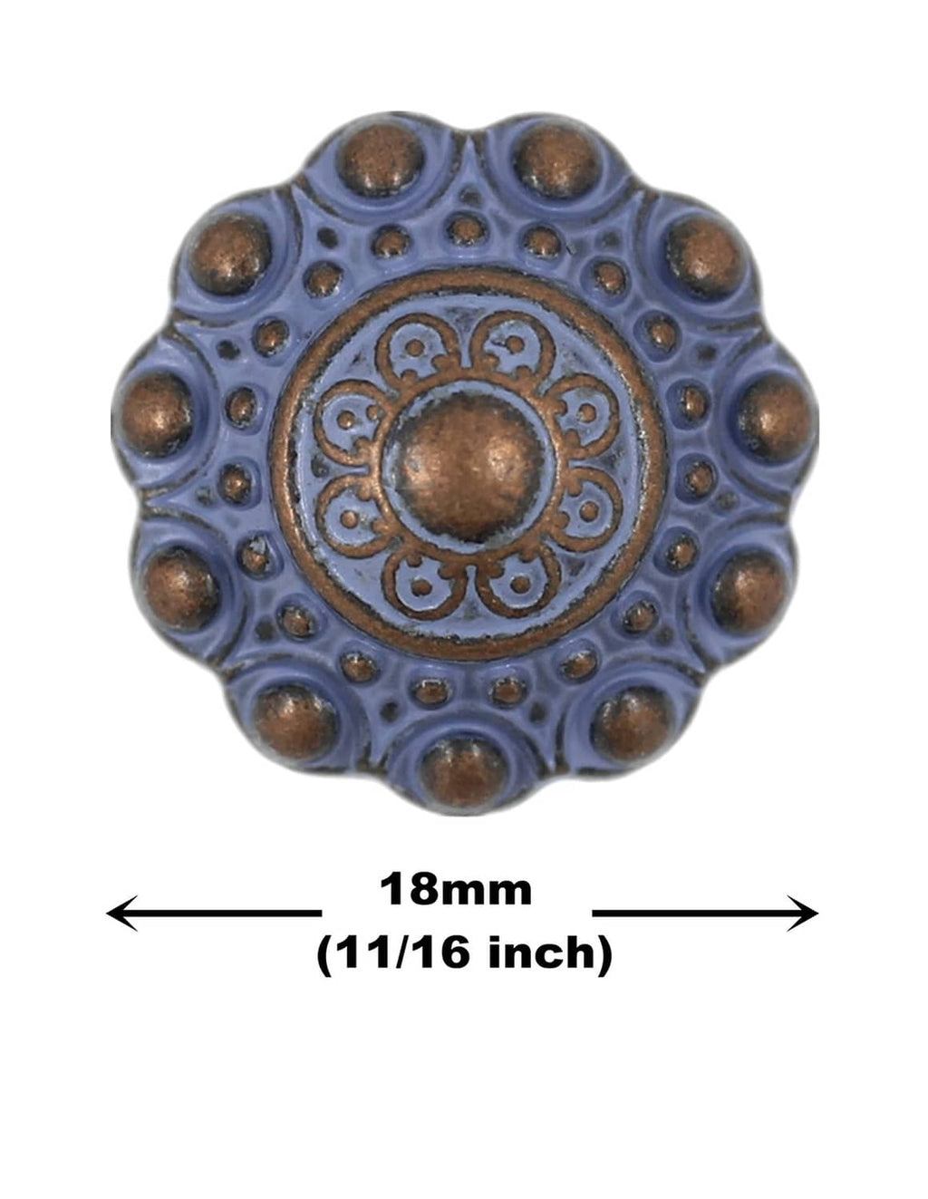 Blue engraved metal shank button with bronze-tone domed studs and circular filigree design