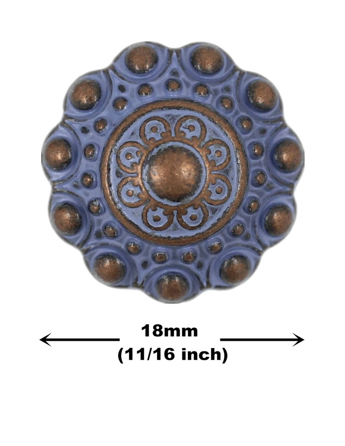 Blue engraved metal shank button with bronze-tone domed studs and circular filigree design