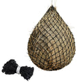 Black slow feed hay net bag with diamond mesh and attached rope tie string