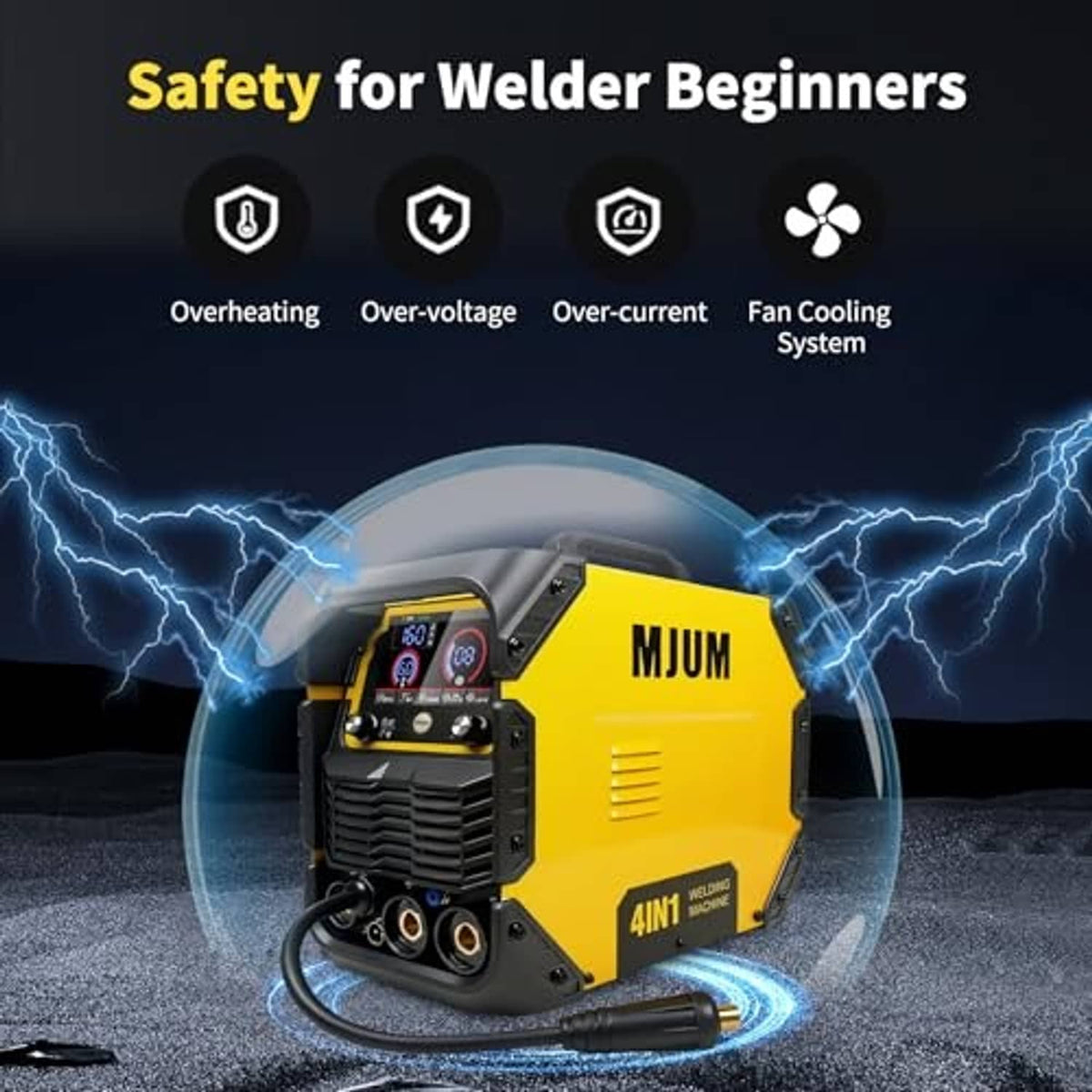 Yellow MIG welding machine with safety icons and arcing light effects around the unit