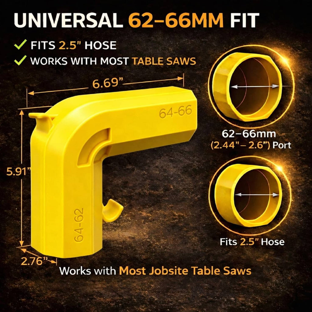 Yellow 62–66mm dual-port dust adapter with two hose port openings