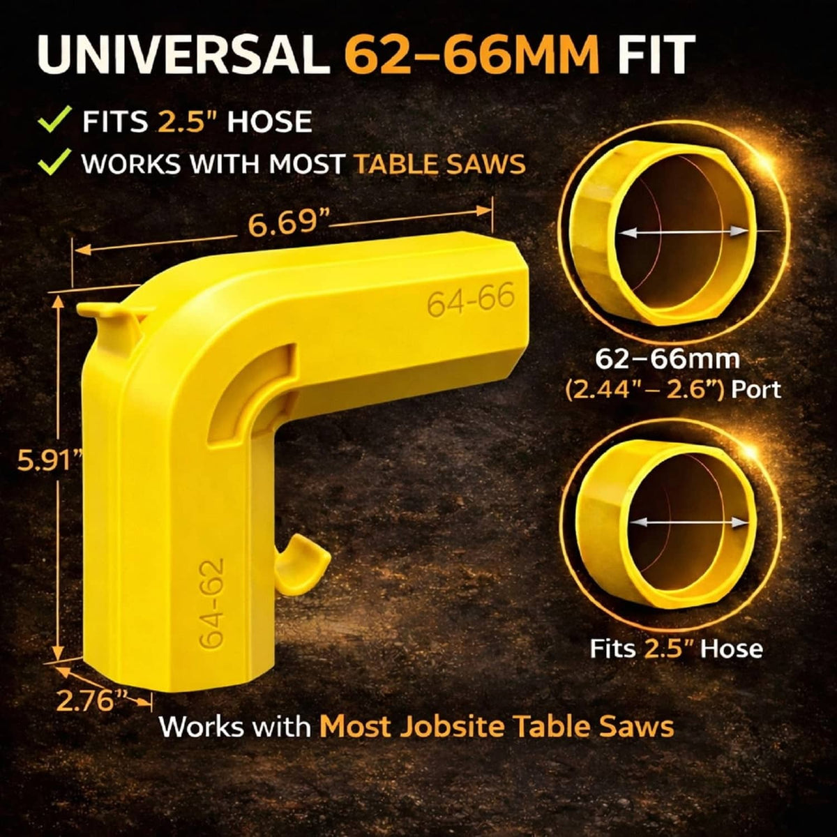 Yellow 62–66mm dual-port dust adapter with two hose port openings