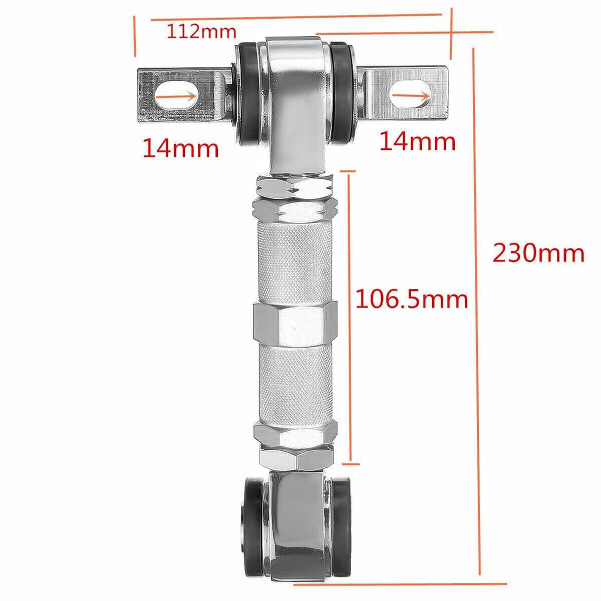 Adjustable camber control arm rod with labeled measurements (112mm, 230mm)