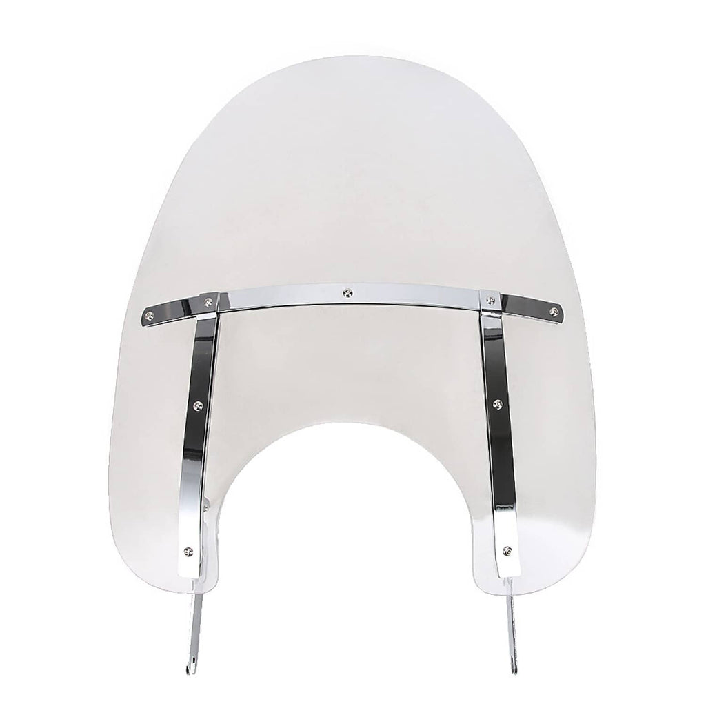 Clear motorcycle windshield with fork-mount legs and chrome mounting brackets