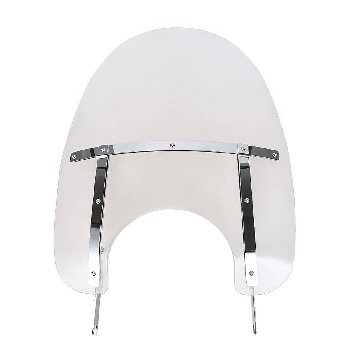 Clear motorcycle windshield with fork-mount legs and chrome mounting brackets