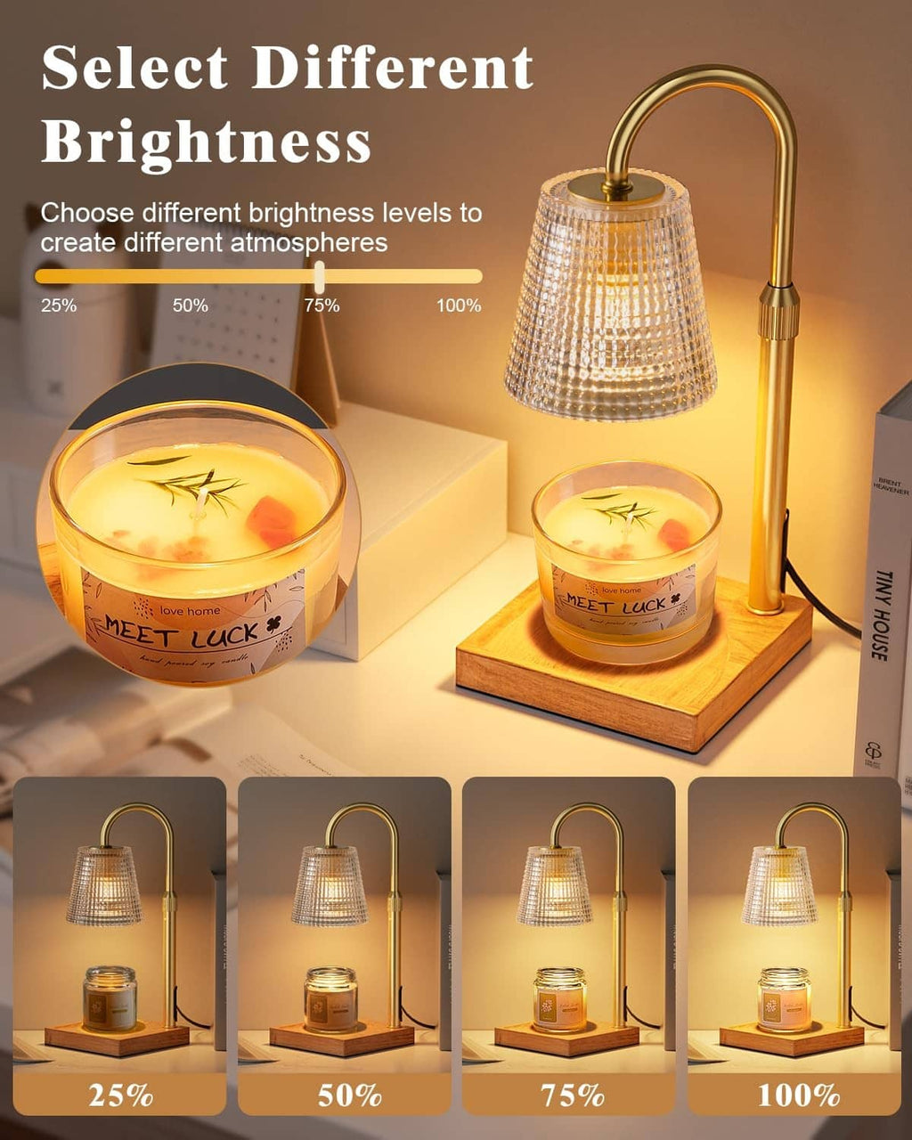 Candle warmer lamp with adjustable brightness clear shade over a glass candle jar